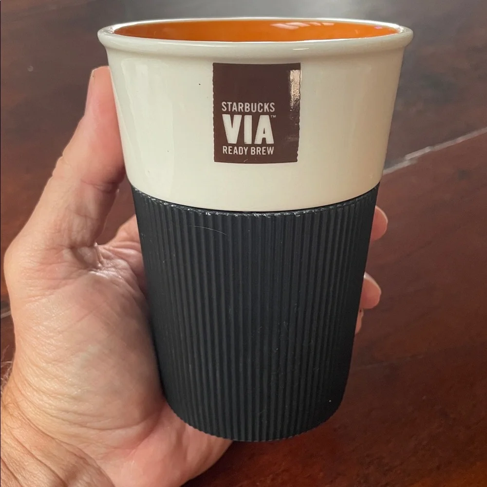 Starbucks VIA 2011 White-Orange Rubber Grip 8-oz Travel Tumbler *NO LID*
